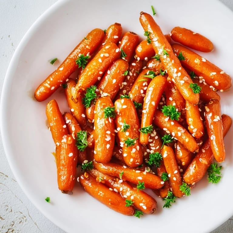 These tender honey soy roasted carrots, served warm, show off a beautiful, rich glaze.