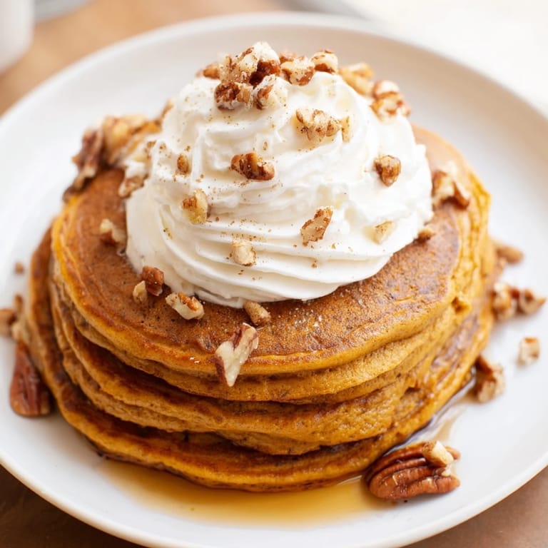 A plate of warm, spiced Fluffy Pumpkin Spice Pancakes; picture fluffy texture and lovely autumn flavors.