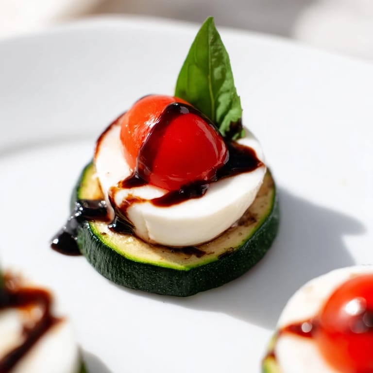 Savory zucchini Caprese bites, featuring fresh basil and juicy tomatoes, drizzled with balsamic glaze.
