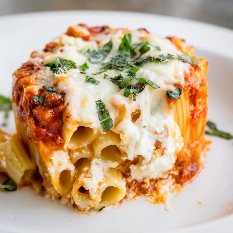 Individual baked ziti cups with a layer of creamy ricotta and plenty of melted mozzarella cheese.