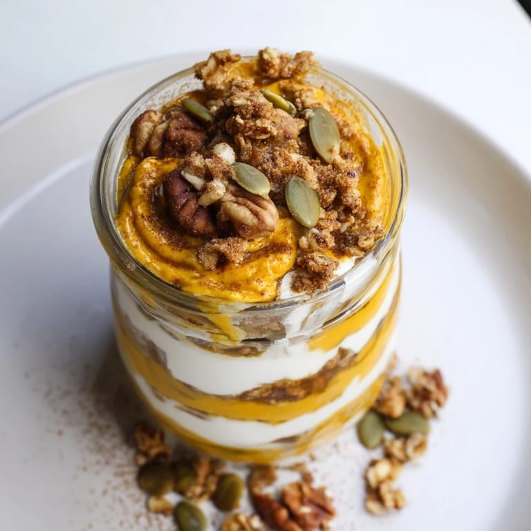 Golden granola and pepitas crown the delicious layers of this easy-to-make Pumpkin Yogurt Parfait.