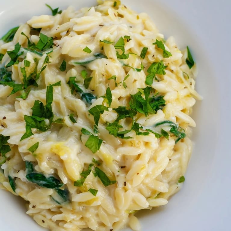 Creamy, cheesy one-pot orzo pasta in a pot, served with a sprinkle of fresh green herbs.