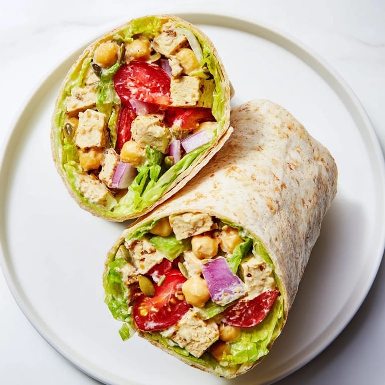 Close-up of a High-Protein Chicken-less Caesar wrap, with fresh greens and a creamy dressing.