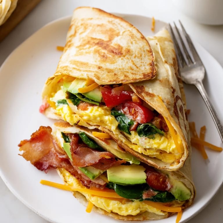 Savory bacon, fluffy eggs, and melted cheese: Picture the perfect Crispy Breakfast Wrap for breakfast.