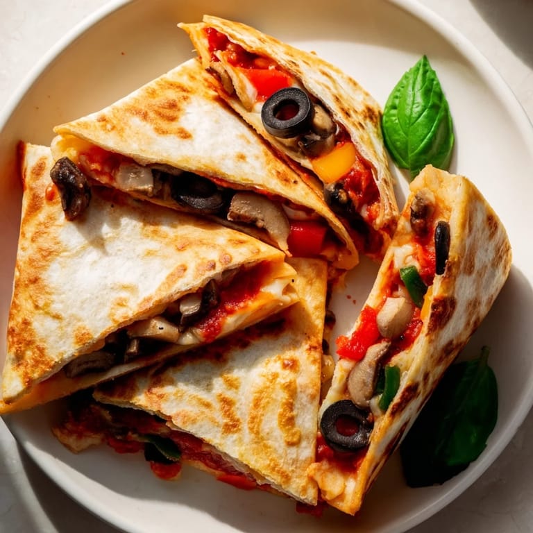 Golden-brown tortilla pizza wrap, crispy from the pan, filled with melted cheese and fresh basil.