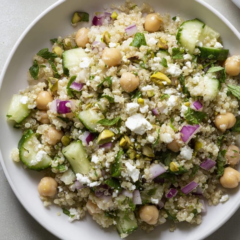 Mediterranean-inspired Jennifer Aniston Salad, a healthy bowl with quinoa, chickpeas, and a zesty dressing.