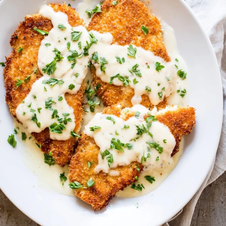 Close-up of crispy chicken with garlic cream sauce, garnished with fresh parsley, ready to eat.