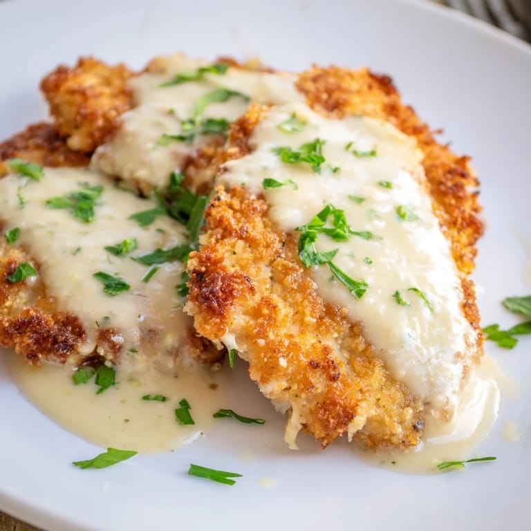 Delicious crispy chicken with garlic cream sauce, served with the rich, bubbling, creamy sauce.