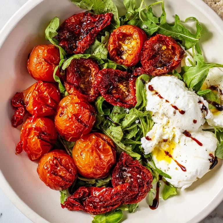 This Tomato Flight Salad features a colorful mix of tomatoes and luscious burrata, drizzled with a balsamic glaze.