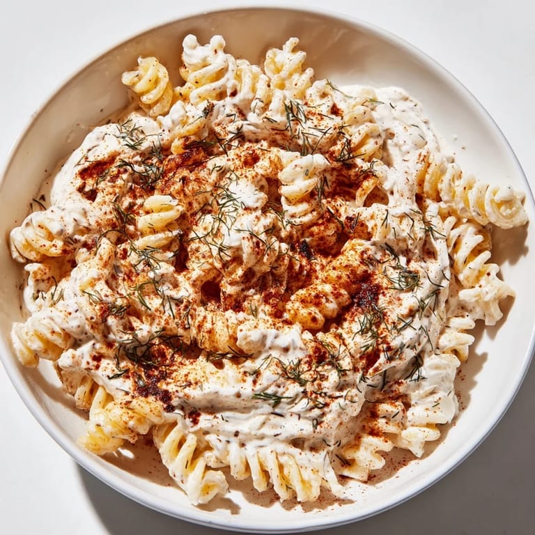 Warm, comforting Turkish Yogurt Pasta, ready to eat, with a creamy yogurt sauce topping.