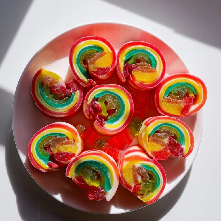 Sweet rainbow candy roll ups with a cheerful collection of fruit roll-ups and a variety of gummy candies.