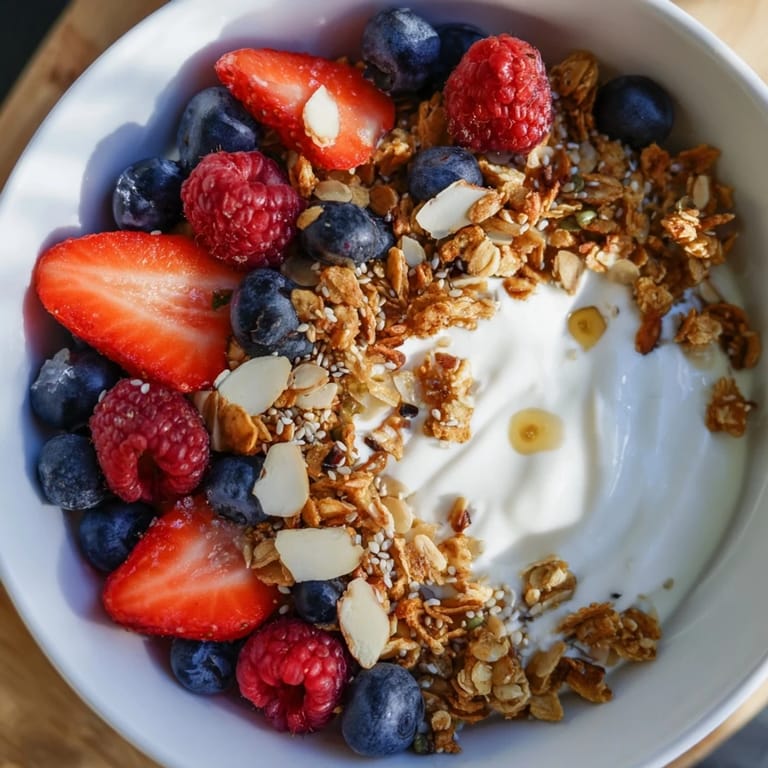 This appealing photo showcases the satisfying textures of a dry yogurt bowl, ready to enjoy for breakfast.