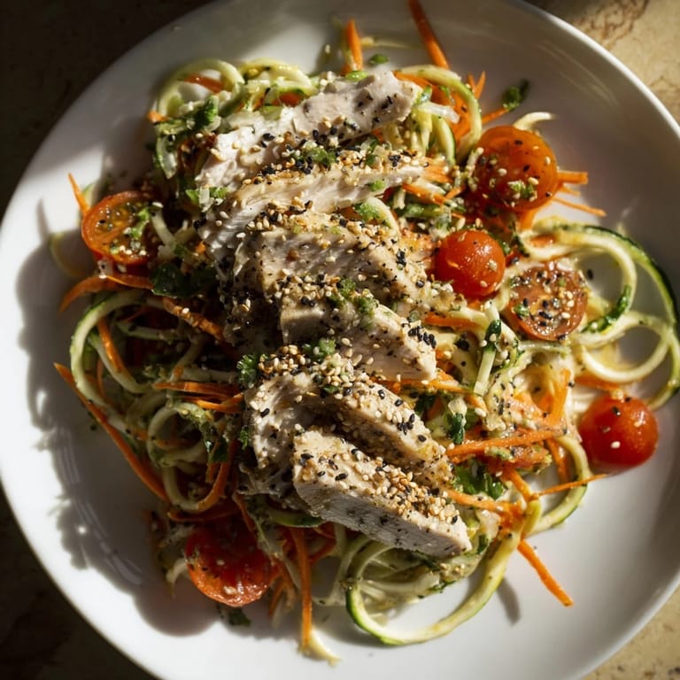 A close-up view of a healthy Protein Cucumber Salad, showing the grilled chicken and tomatoes.