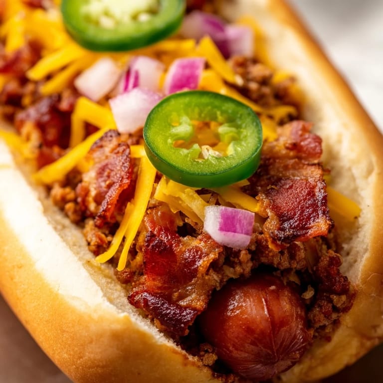Close-up of freshly grilled Mexican Hot Dogs, showcasing crispy bacon and a flavorful beef blend, ready to eat.
