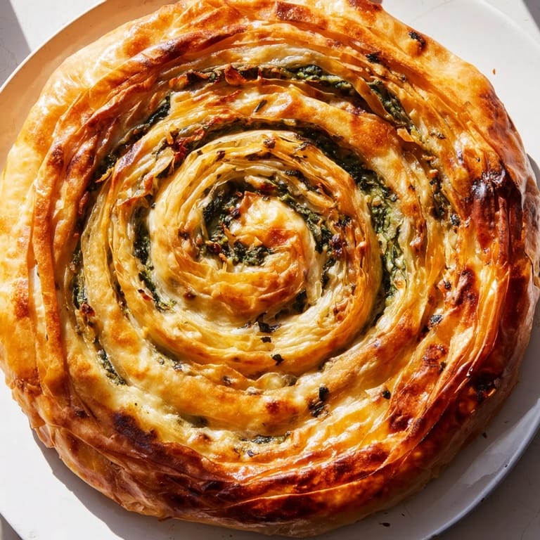 A close-up of a freshly baked Bosnian Burek, its golden crust hinting at a delicious filling.
