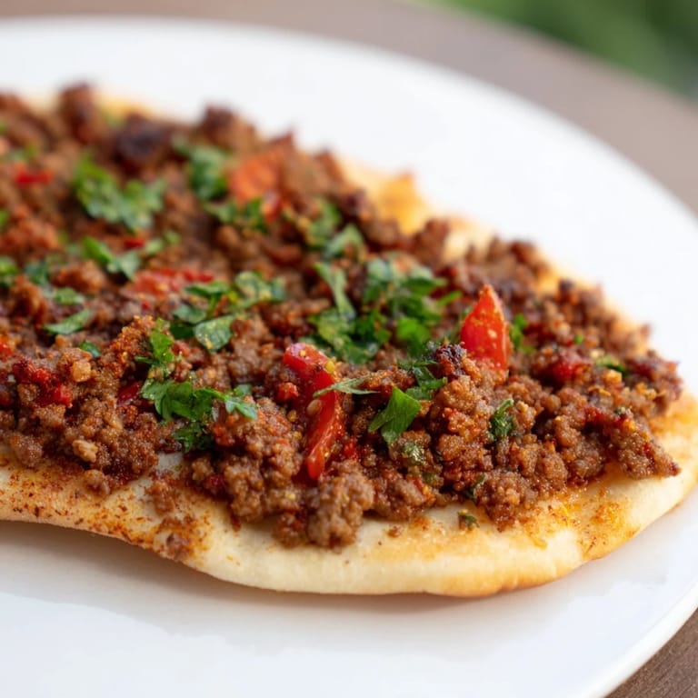 Golden-brown Turkish Lahmacun showcases freshly baked dough; filled with spiced ground meat and veggies.