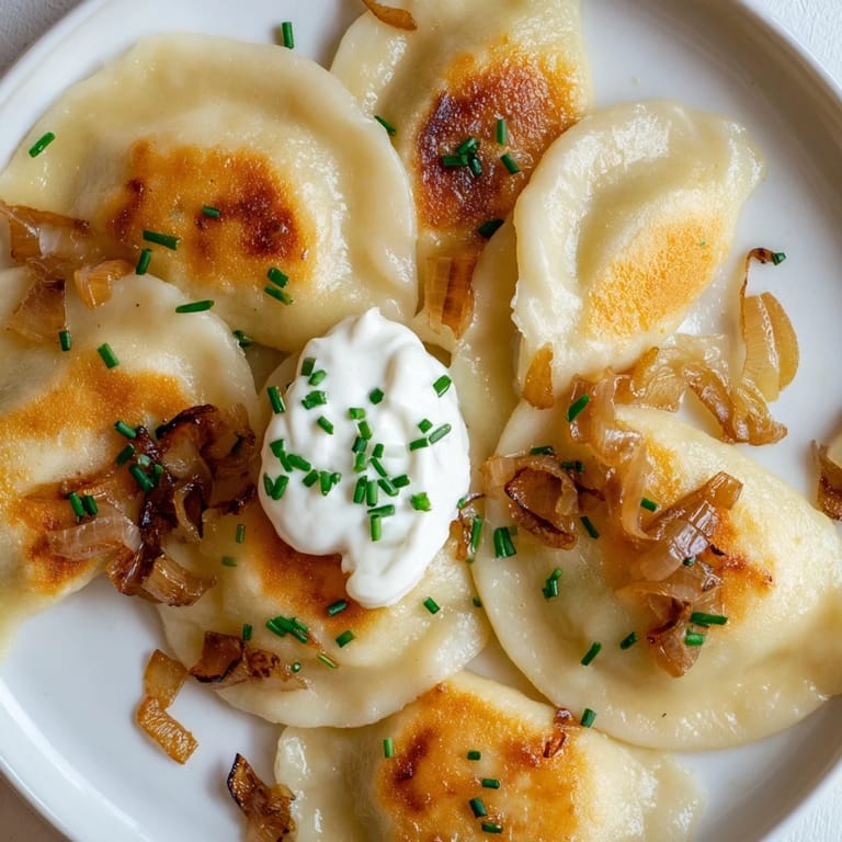 A close-up shot of hot Polish pierogi, bursting with potato and cheese filling and ready to eat.