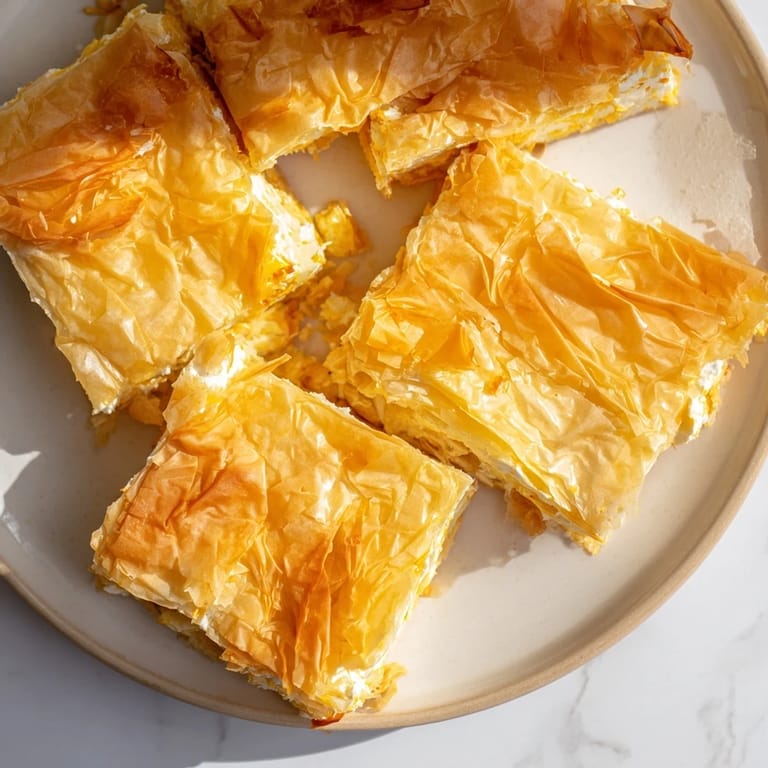 A close-up of savory Serbian Gibanica, baked until crisp and golden, ready to serve warm.