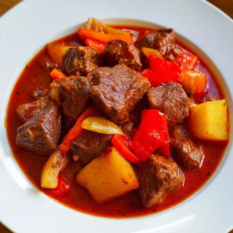 Close-up of a bubbling Hungarian Goulash, showcasing rich red sauce and fall-apart beef chunks.