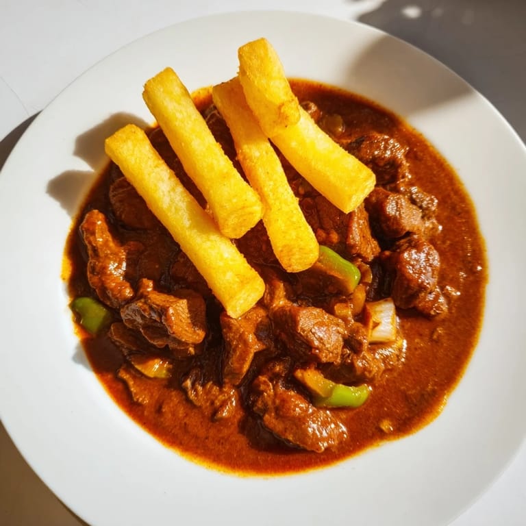 Close-up of Czech Goulash showcasing the savory aroma, served with a side of perfectly fried potato.