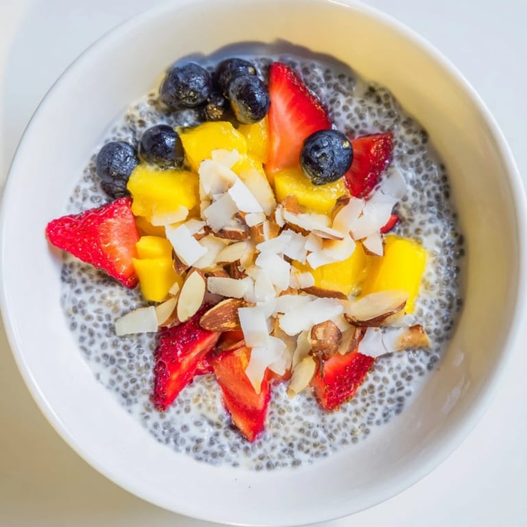 Overnight chia seed pudding in a jar, showing its smooth vanilla-infused texture, drizzled with maple syrup and topped with sliced banana and seeds.