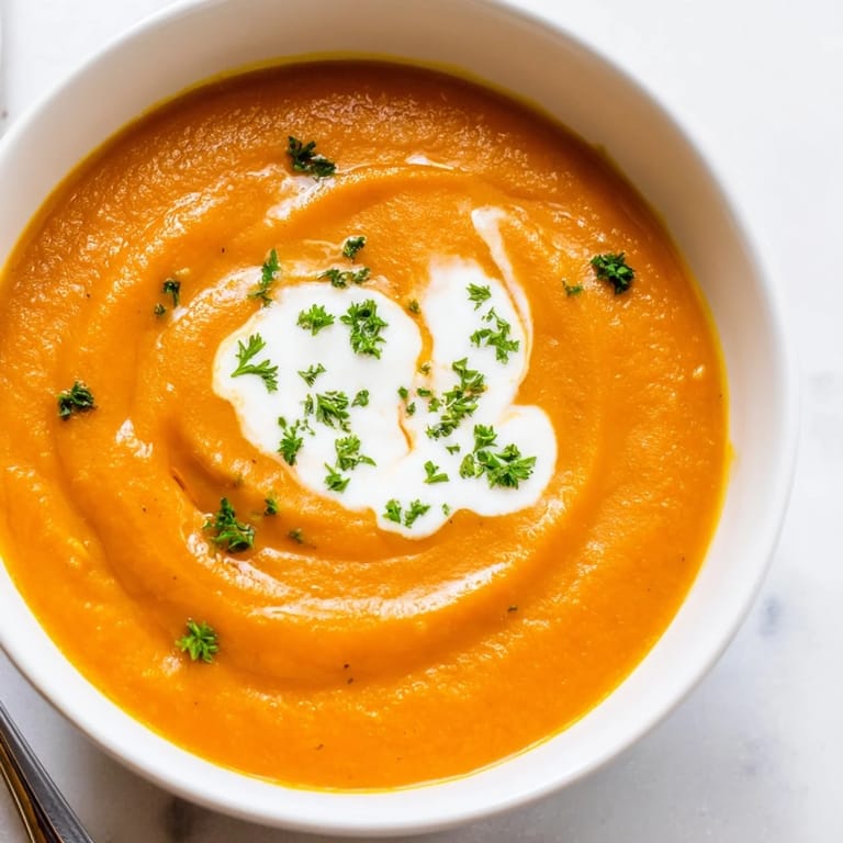 Golden roasted carrots and ginger blend into a hearty, orange-hued Carrot-Based Creamy Soup, steaming beside crusty artisan bread.  