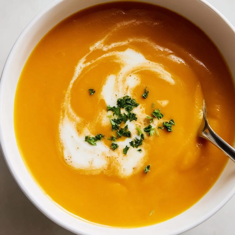 A swirl of cream tops the bright, velvety Carrot-Based Creamy Soup in a rustic kitchen setting, ready for dipping.