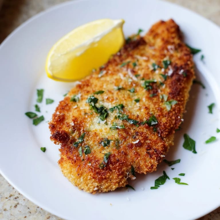 Pan-fried Parmesan chicken cutlet with a golden crust, served alongside a vibrant green salad for a complete weeknight dinner.