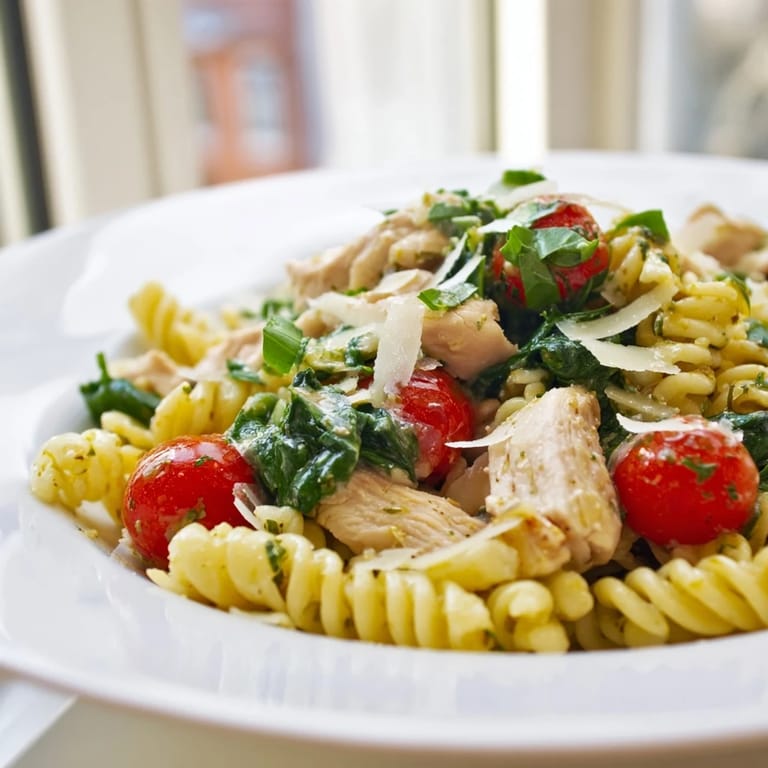 Juicy chicken and al dente pasta in a lemony herb sauce, garnished with fresh basil and a lemon wedge on the side.