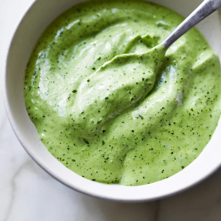Freshly blended Green Goddess Dressing in a glass jar with chopped herbs, ready for dipping.