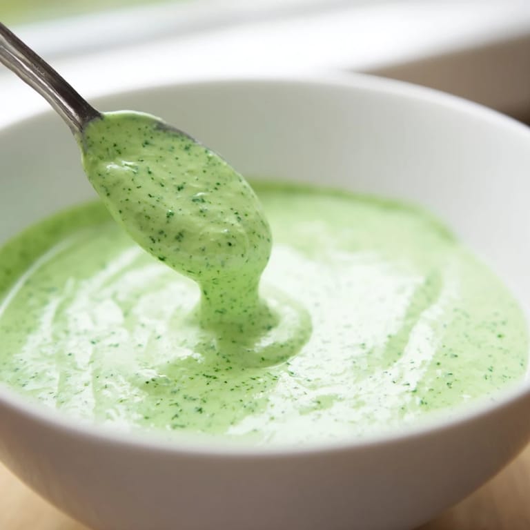 Vibrant herb-packed Green Goddess Dressing drizzled over a colorful grain bowl with grilled vegetables.