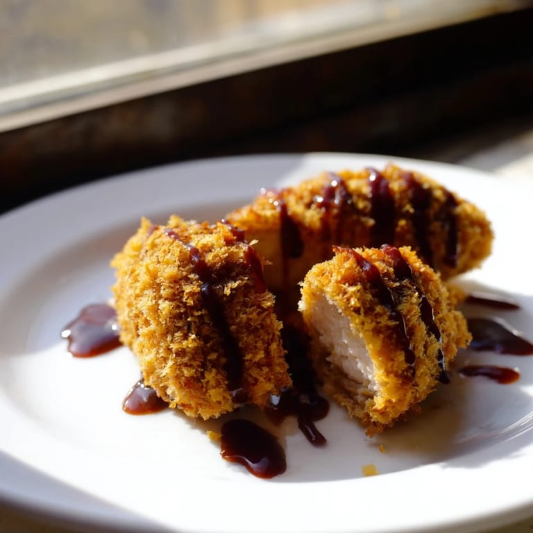 Juicy Chicken Katsu fried to perfection, sliced and ready to enjoy over steamed rice and shredded cabbage.