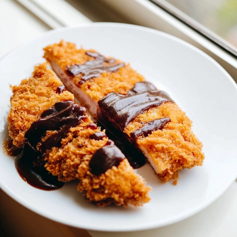 Authentic Japanese Chicken Katsu recipe with a crunchy coating, drizzled with savory sauce and garnished for serving.