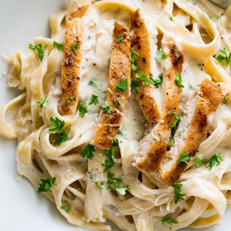 Steaming skillet of Cajun Chicken Alfredo featuring pasta, sliced chicken, and a rich Parmesan sauce.