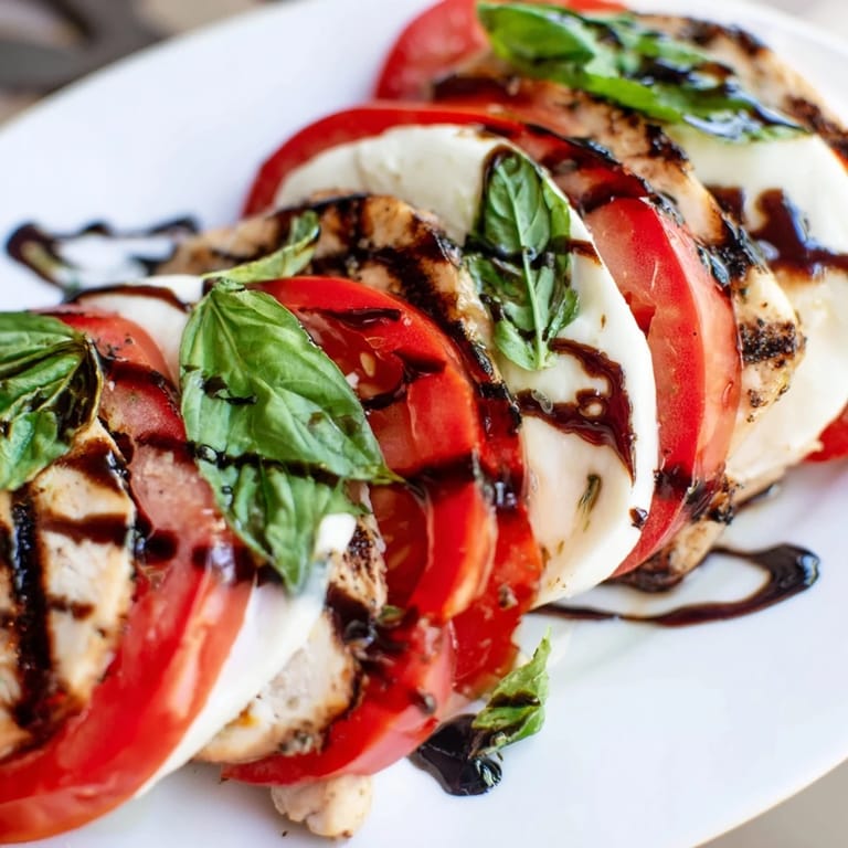 Freshly plated Chicken Caprese Salad with warm grilled chicken strips, colorful tomato and mozzarella medley, fragrant basil, and a drizzle of tangy balsamic reduction.