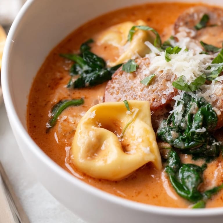 A cozy Tuscan Tortellini Soup ladle full of rich tomato cream, tender pasta, and savory sausage, garnished with Parmesan.