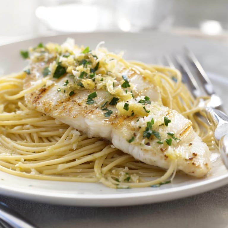 Tender white fish and lemon-butter pasta with garlic, served on a white plate with a lemon wedge.