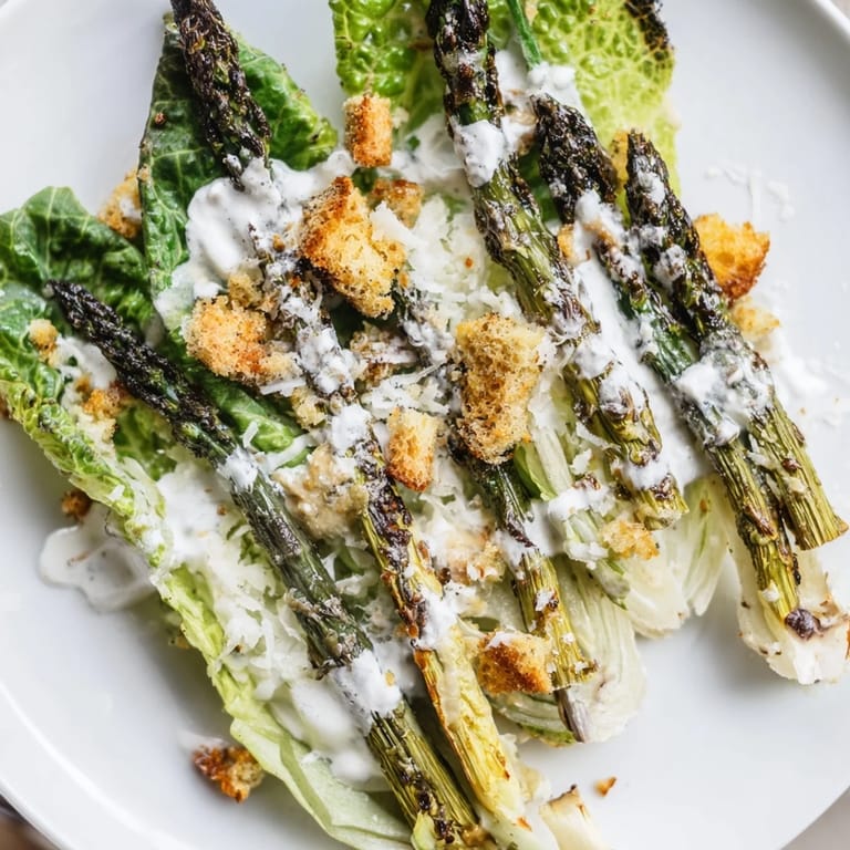 Vibrant green roasted asparagus Caesar salad topped with crunchy croutons, ready to serve.