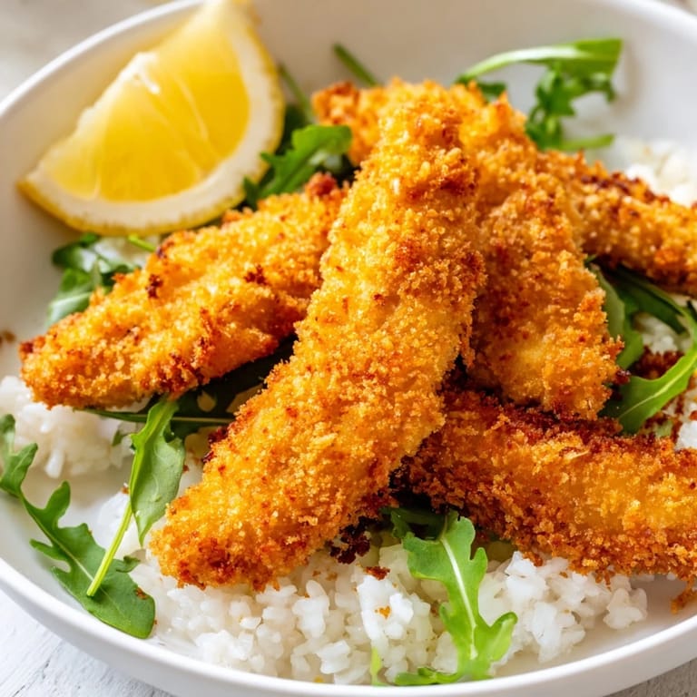 A close-up of Crispy Parmesan Chicken Cutlet Bowl with lemon wedges and a bright squeeze of citrus.  