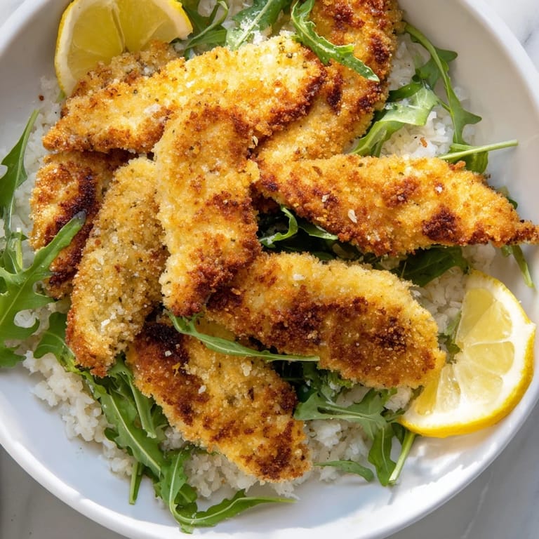 Serving suggestion of Crispy Parmesan Chicken Cutlet Bowl with arugula, warm rice, and golden fried chicken.