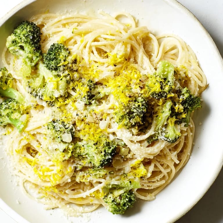 Steaming One-Pot Lemon Broccoli Pasta served in a white bowl with grated Parmesan and a lemon wedge on the side.