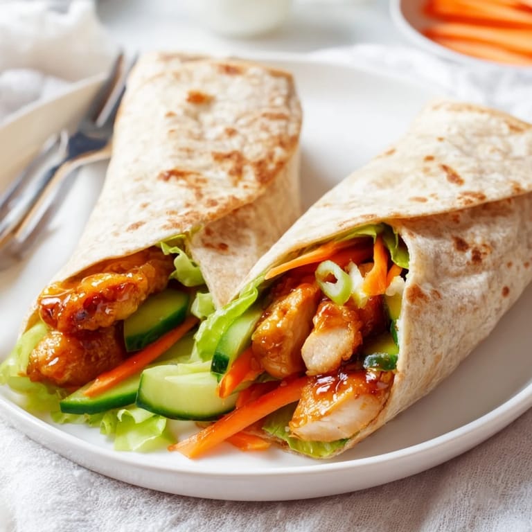 A close-up of a warm Honey Chili Crunch Chicken Wrap on a plate, with extra sauce drizzled on top and a side of iced tea.