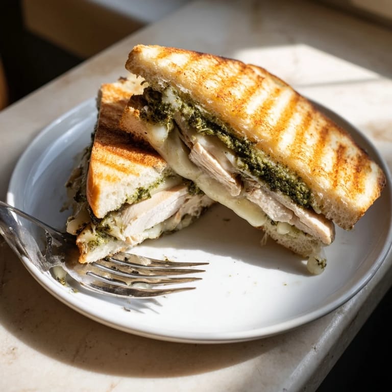 Freshly pressed Chicken Pesto Panini with crispy golden crust, served beside a small bowl of marinara and a glass of chilled Sauvignon Blanc.