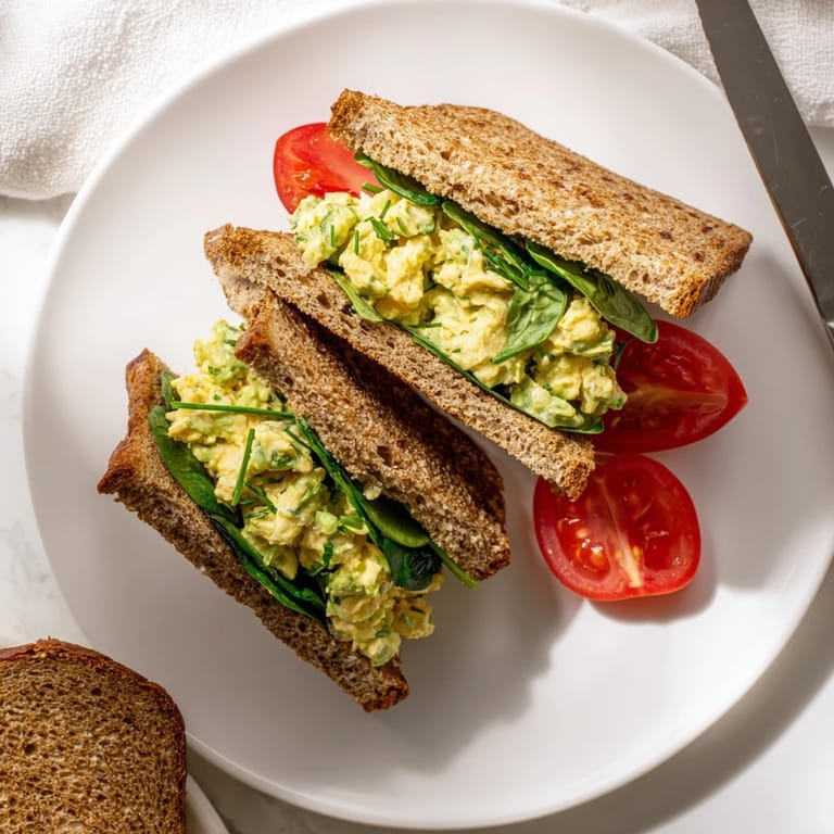 Two halves of a homemade Avocado Egg Salad Sandwich stacked on a napkin, ready to serve for a quick vegetarian meal.