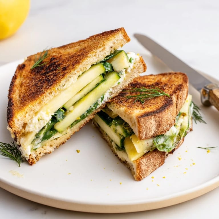 A close-up reveals the vibrant green scallions and cucumber nestled inside the warm, melty whipped feta spring grilled cheese.