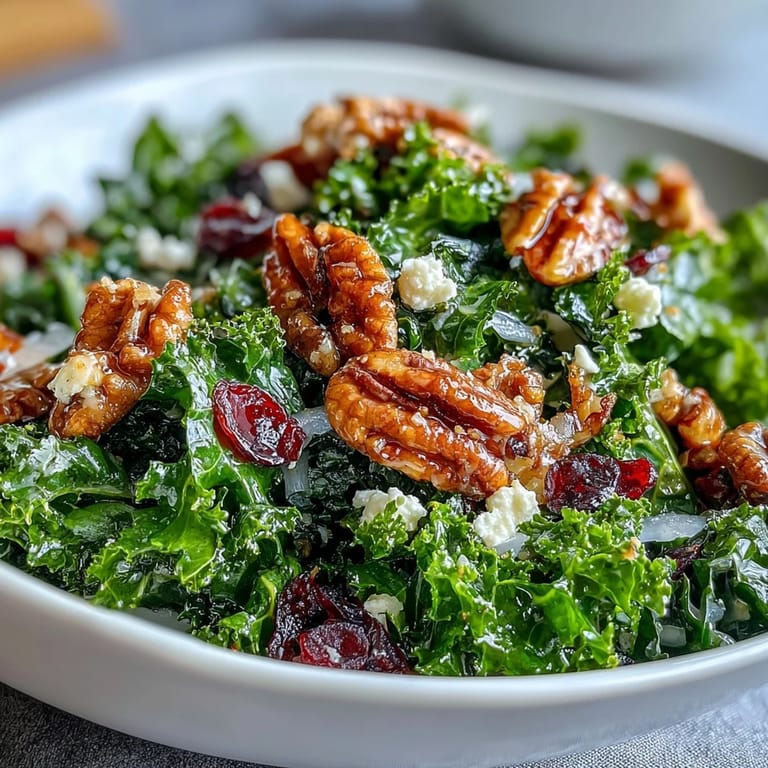 Bright, tender kale salad with maple mustard dressing, cranberries, and nuts.