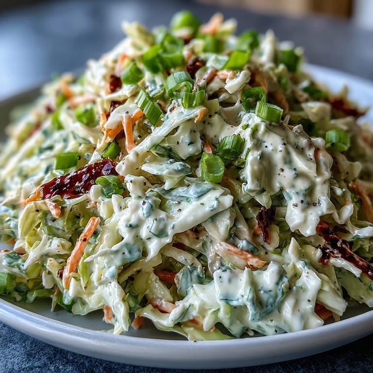 Close-up view of Best Cabbage Coleslaw highlighting the crunchy texture of shredded cabbage and carrots glistening with tangy dressing.