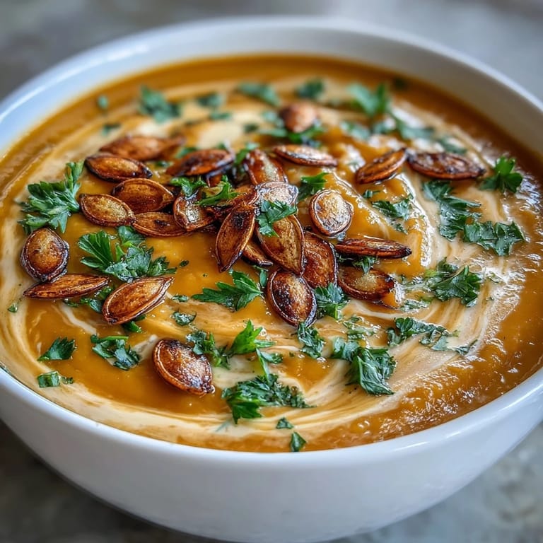 Hearty butternut squash soup, ready to be garnished and enjoyed warm.