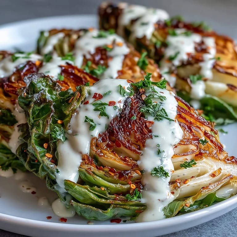 Beautifully browned roasted cabbage wedges with a generous pour of lemon-tahini sauce.