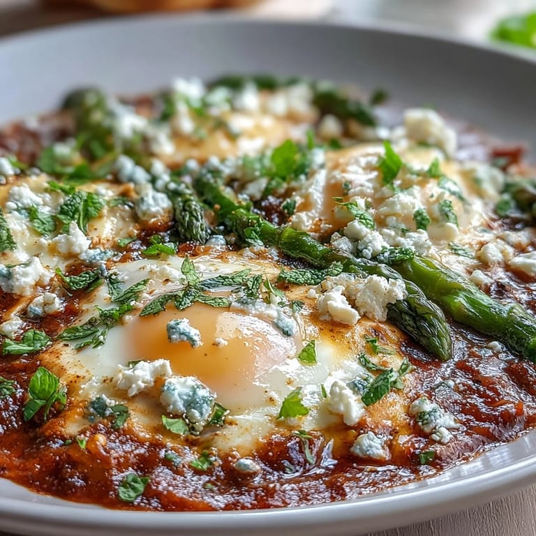 Pea and broad bean shakshuka topped with crumbled feta, vibrant green peas, and tender asparagus in a skillet.